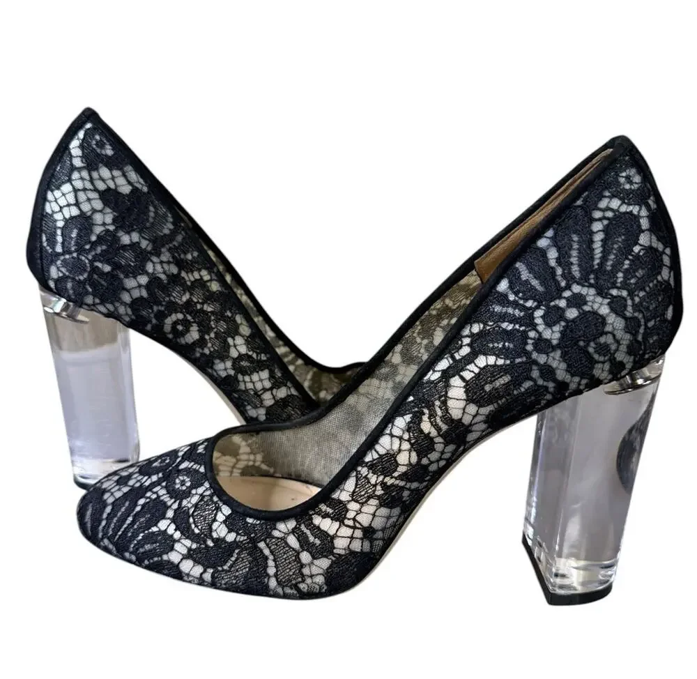 M.Gemi Black Lace Pumps Clear Lucite Block Heel Women’s US 7 EU 37